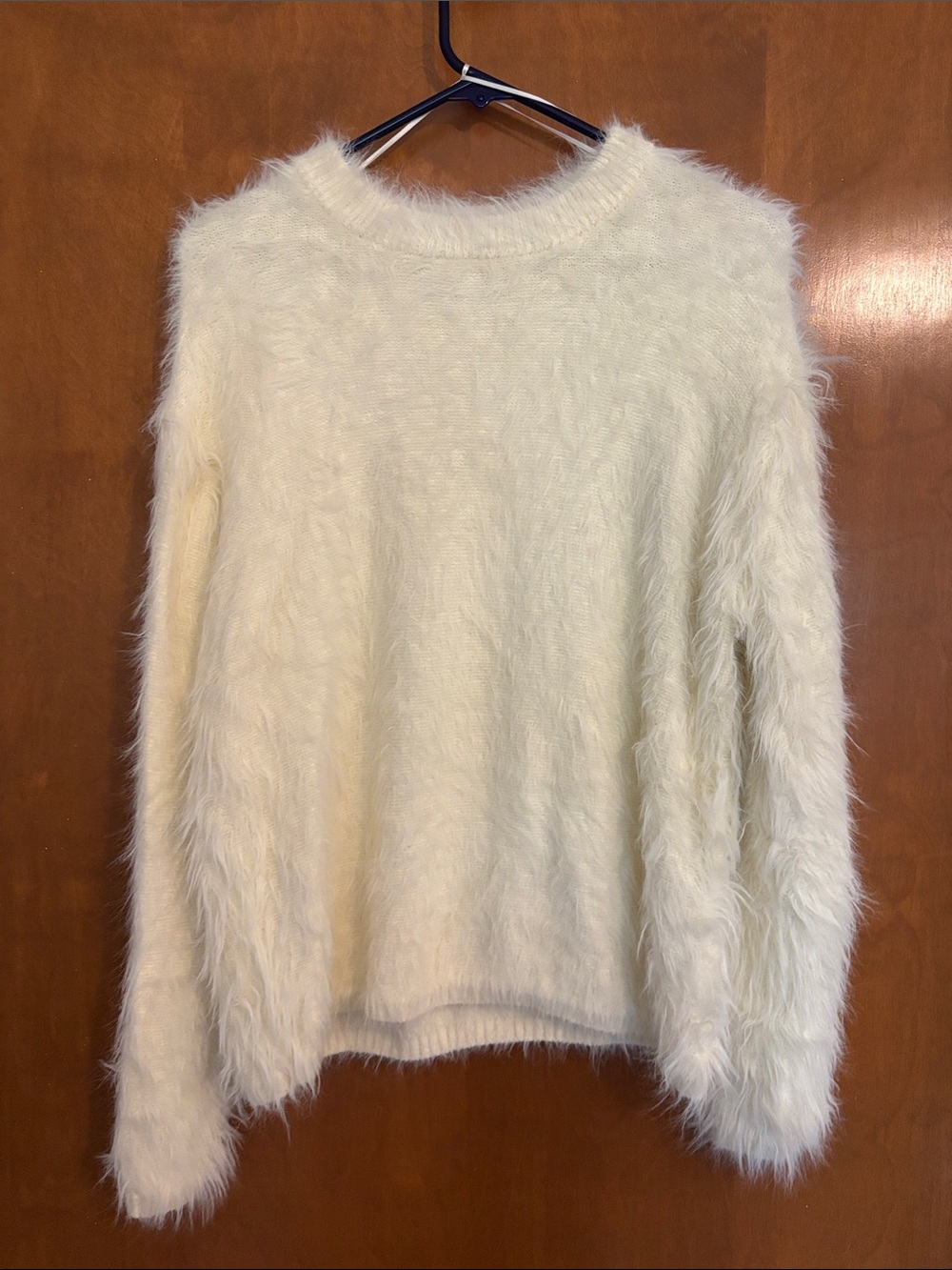 Women's Cream Fuzzy Crewneck Sweater - Plush Long Sleeve